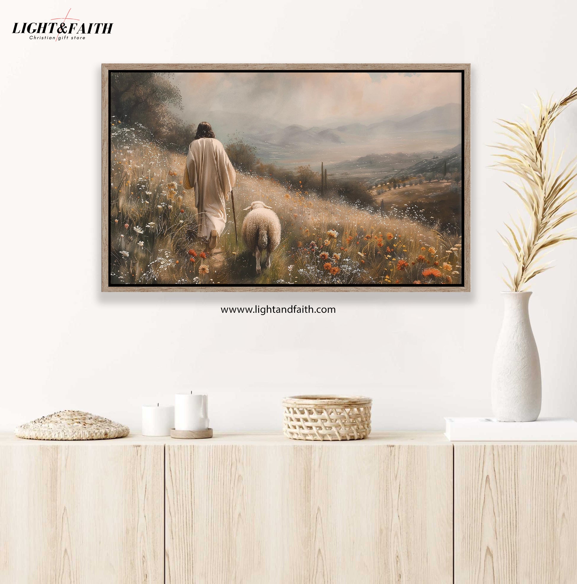 Jesus Leaves the 99 Sheep Poster, Jesus Landscape Wall Art, Christian Landscape Art, Bible Art Poster, Jesus and lamb Wall Art, Christian Poster